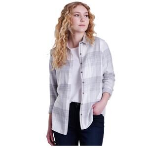 Kuhl Women's Kamila Flannel Shirt Light Gray Plaid Button Down Size SMALL